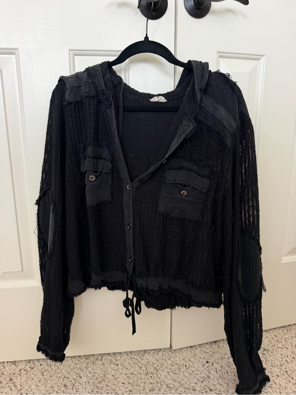 Black Cropped Button-Up Hooded Cardigan with Patch Pockets